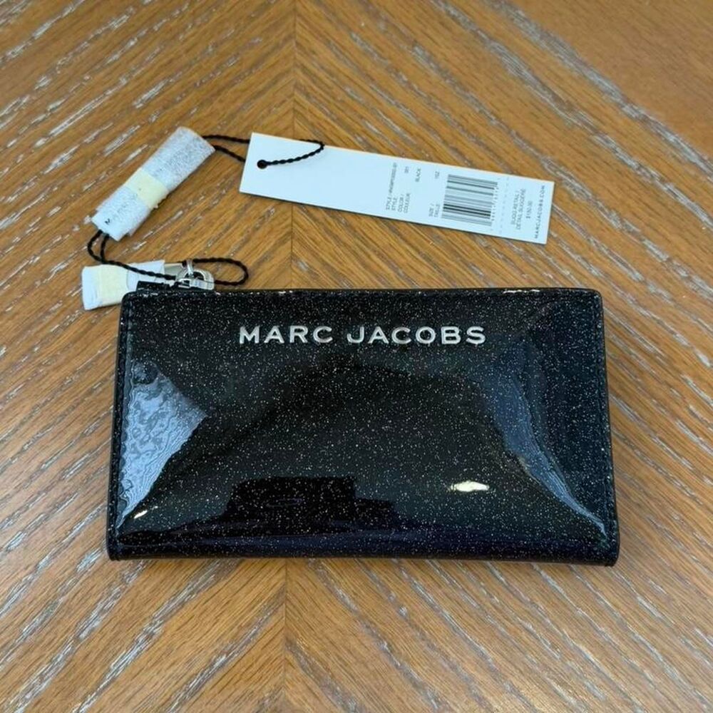 NWT Marc Jacobs Black Glitter Snap Slim Wallet